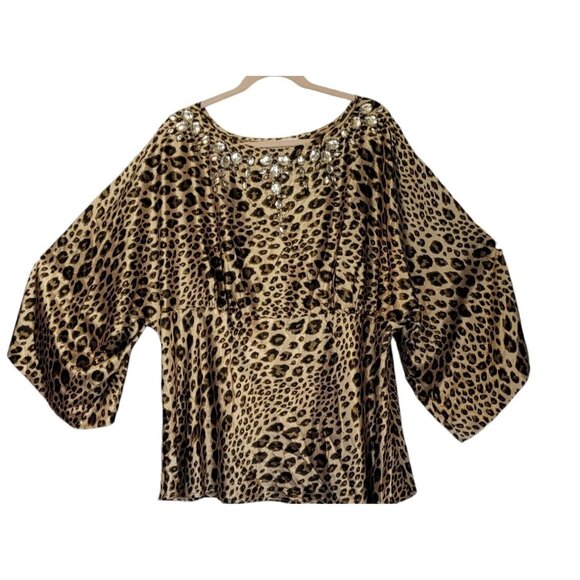London Star Collection Leopard Print Blouse 2X Polyester Spandex Bejeweled Neckl - Picture 3 of 7